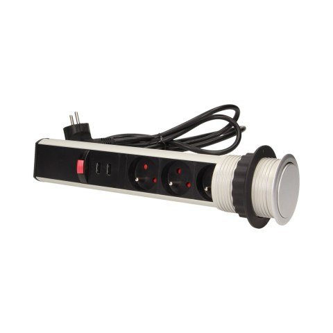 Gniazdo meblowe ?6cm wysuwane z blatu z ładowarką USB, blokadą i przewodem 1,8m, 3x2P+Z