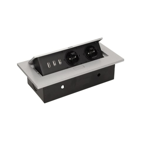 Gniazdo meblowe wpuszczane w blat z grubym rantem, 2x2P+Z, 3 porty USB, srebrne