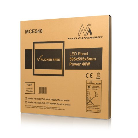 Panel LED Maclean, Sufitowy, slim 40W, 595x595x8mm, neutral white (4000K), raster, funkcja FLICKER-FREE, MCE540