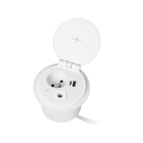Gniazdo meblowe ?8cm wpuszczane w blat z ładowarką indukcyjną, ładowarką USB z 2 gniazdami A i C, przelotką kablową i przewodem 