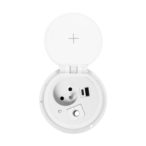 Gniazdo meblowe ?8cm wpuszczane w blat z ładowarką indukcyjną, ładowarką USB z 2 gniazdami A i C, przelotką kablową i przewodem 