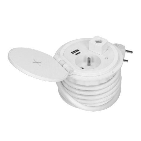 Gniazdo meblowe ?8cm wpuszczane w blat z ładowarką indukcyjną, ładowarką USB z 2 gniazdami A i C, przelotką kablową i przewodem 