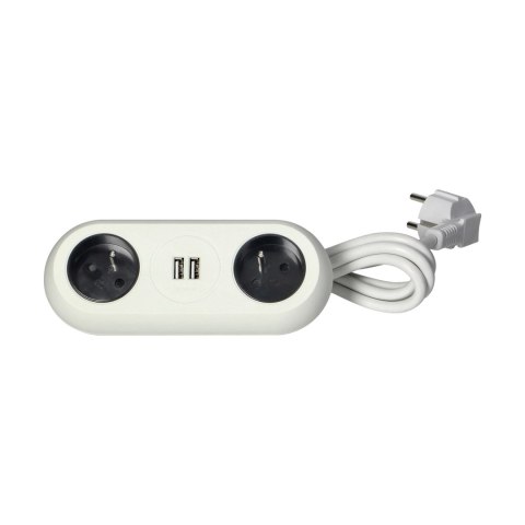 Gniazdo meblowe z uchwytem montażowym, ładowarką USB, 2 gniazda 2P+Z, 2xUSB, przewód 3x1,0mm? - 1,5m, białe