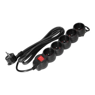 Przedłużacz 5-krotny 2P+Z, z wyłącznikiem, 3m H05VV-F 3x1,0mm?, Imax=10A, płaska wtyczka, czarny