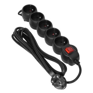 Przedłużacz 5-krotny 2P+Z, z wyłącznikiem, 3m H05VV-F 3x1,0mm?, Imax=10A, płaska wtyczka, czarny