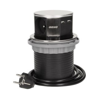 Gniazdo meblowe ?10cm wysuwane z blatu z ładowarką USB i przewodem 1,5m, 3x2P+Z, 2xUSB, INOX