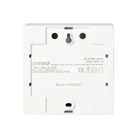 Dzwonek przewodowy elektroniczny jednotonowy RINGIL MINI AC, 230V, biały