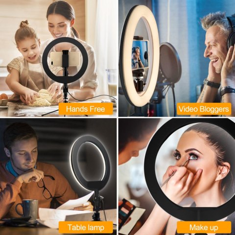 Lampa pierścieniowa LED Maclean,ze statywem, 1,1m, 10", 12W, samowyzw. BT, barwy 3000K-6500K jasności 10-100%, MCE610