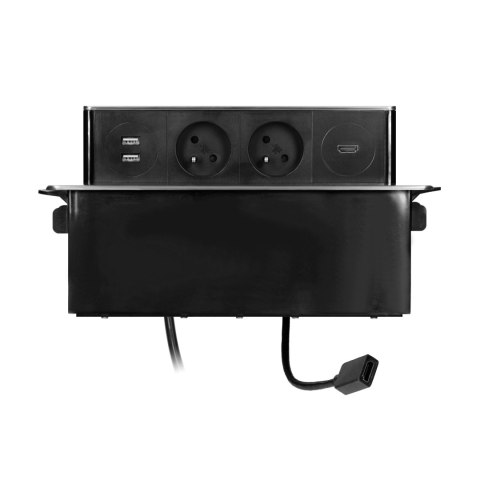 Gniazdo meblowe wysuwane z blatu z płaskim frezowanym rantem, ładowarką USB i przewodem 2m, 2x2P+Z, 2 x USB (Typ A), HDMI, 3x1,