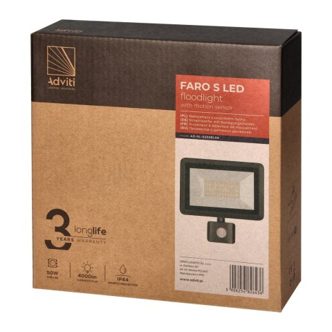 FARO S LED naświetlacz z PIR 50W, 4000lm, IP44, 4000K, aluminium + szkło