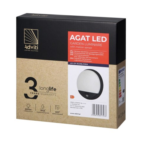 AGAT LED 15W, oprawa ogrodowa z czujnikiem ruchu, 140st, 1100lm, IP54, 4000K, czarna
