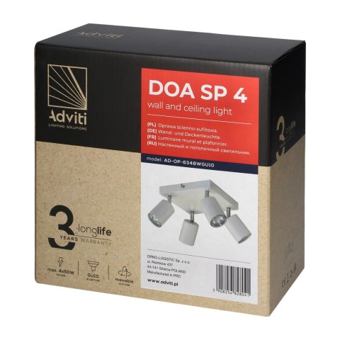 DOA SP4, oprawa ścienno-sufitowa, GU10 max. 4x50W, IP20, biała, kwadrat