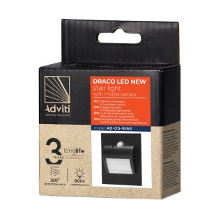 DRACO LED NEW 1,5W, oprawa schodowa podtynkowa, 12VDC, 30lm, 6000K, czarny, czujnik ruchu i zmierzchu