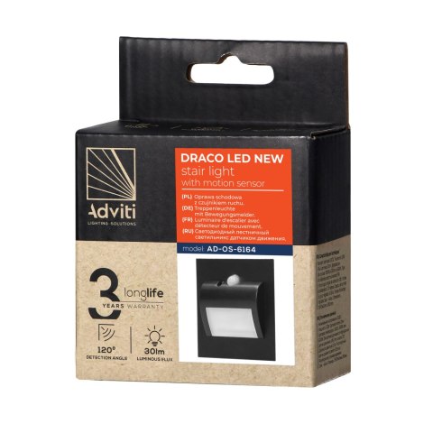 DRACO LED NEW 1,5W, oprawa schodowa podtynkowa, 12VDC, 30lm, 6000K, czarny, czujnik ruchu i zmierzchu