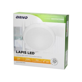LAPIS LED 12W, plafon oświetleniowy z mikrofalowym czujnikiem ruchu, 800lm, IP65, 4000K, IK10, poliwęglan mleczny, biały