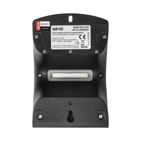 SILOE LED 1,5W, lampa solarna z czujnikiem ruchu 120st, 190lm, IP65, 4000K, 1200mAh, podwójne źródło światła, czarna