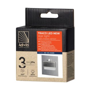TRACO LED 1,5W, oprawa schodowa podtynkowa, 12VDC, 30lm, 3000K, satyna, czujnik ruchu i zmierzchu
