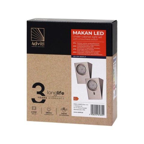 Zestaw opraw podszafkowych MAKAN LED 2W, 180lm, 4000K, z wyłącznikiem bezdotykowym, INOX