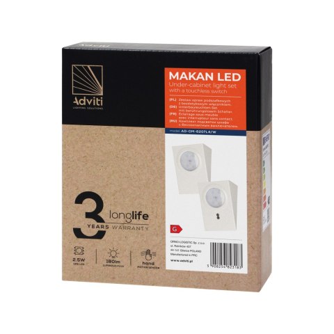 Zestaw opraw podszafkowych MAKAN LED 2W, 180lm, 4000K, z wyłącznikiem bezdotykowym, biały