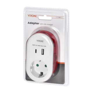 Adapter z ładowarką USB i kablem ładującym (typ C + Lightning), 1x2P+Z Schuko, 2xUSB (Typ A+C), max 3,4A