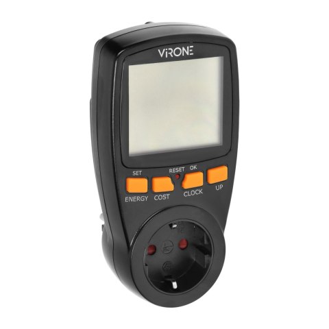 Dwutaryfowy watomierz, kalkulator energii z wyświetlaczem LCD, 2 oddzielne taryfy, wewnętrzny akumulator, wersja Schuko, czarny