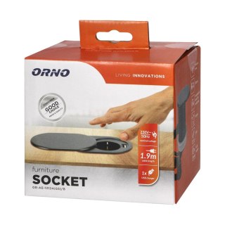Gniazdo meblowe ?6cm, czarne, wpuszczane w blat z przesuwną pokrywką, ładowarką USB i przewodem 1,9m, 1x2P+Z, 1xUSB (2,4A), 3x1,