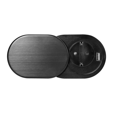 Gniazdo meblowe ?6cm, czarne, wpuszczane w blat z przesuwną pokrywką, ładowarką USB i przewodem 1,9m, 1x2P+Z, 1xUSB (2,4A), 3x1,