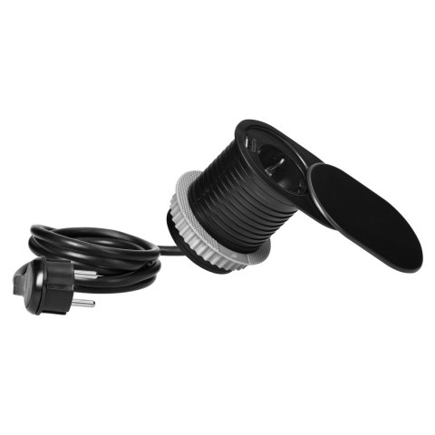 Gniazdo meblowe ?6cm, czarne, wpuszczane w blat z przesuwną pokrywką, ładowarką USB i przewodem 1,9m, 1x2P+Z, 1xUSB (2,4A), 3x1,