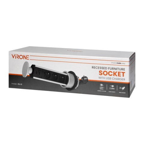 Gniazdo meblowe ?8cm wysuwane z blatu z ładowarką USB i przewodem 1,8m, 3x2P+Z, 2xUSB