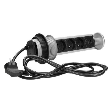 Gniazdo meblowe ?8cm wysuwane z blatu z ładowarką USB i przewodem 1,8m, 3x2P+Z, 2xUSB
