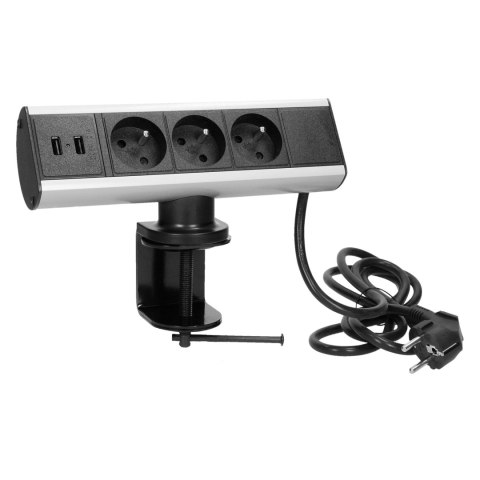 Gniazdo meblowe z ładowarką USB i zaciskiem śrubowym 3x2P+Z, 2xUSB