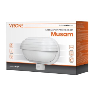 MUSAM, oprawa ogrodowa z czujnikiem ruchu 180st, 1x15W, E27, IP44, z przesłoną, plastik, biała
