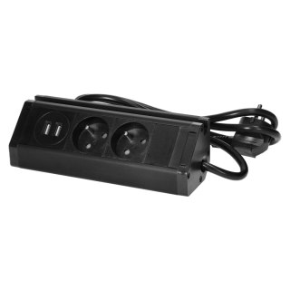 Podwójne gniazdo meblowe z ładowarką USB, uchwytem na telefon i przewodem 1,5m, 2x2P+Z, 2xUSB (typ A, 2,4A), czarne