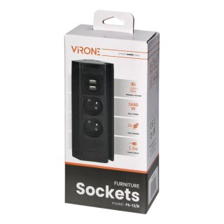 Podwójne gniazdo meblowe z ładowarką USB, uchwytem na telefon i przewodem 1,5m, 2x2P+Z, 2xUSB (typ A, 2,4A), czarne