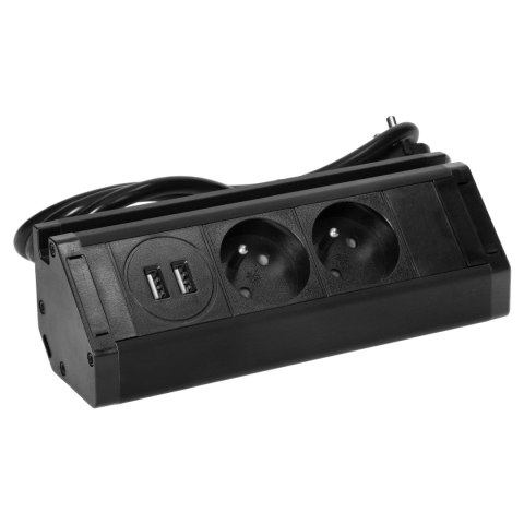 Podwójne gniazdo meblowe z ładowarką USB, uchwytem na telefon i przewodem 1,5m, 2x2P+Z, 2xUSB (typ A, 2,4A), czarne