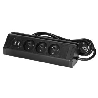 Potrójne gniazdo meblowe z uchwytem na telefon, ładowarką USB i przewodem 1,5m, 3x2P+Z, 2xUSB (typ A, 2,4A), czarne