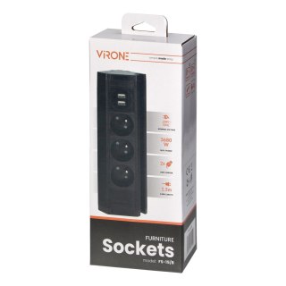 Potrójne gniazdo meblowe z uchwytem na telefon, ładowarką USB i przewodem 1,5m, 3x2P+Z, 2xUSB (typ A, 2,4A), czarne