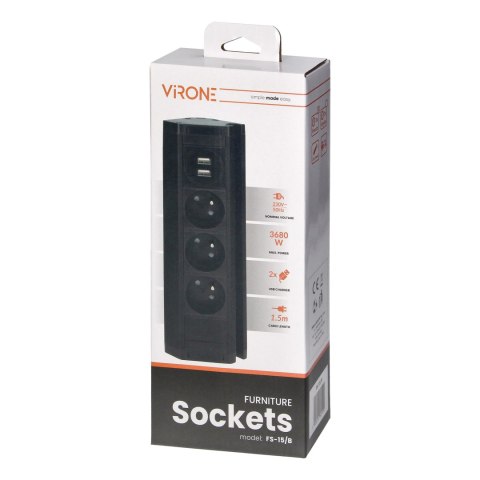 Potrójne gniazdo meblowe z uchwytem na telefon, ładowarką USB i przewodem 1,5m, 3x2P+Z, 2xUSB (typ A, 2,4A), czarne
