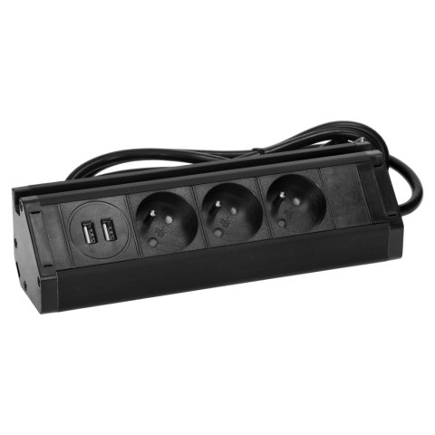 Potrójne gniazdo meblowe z uchwytem na telefon, ładowarką USB i przewodem 1,5m, 3x2P+Z, 2xUSB (typ A, 2,4A), czarne