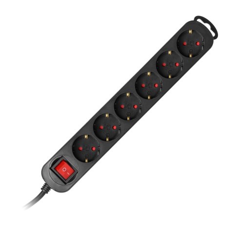 Przedłużacz 6-krotny 2P+Z(Schuko), z wyłącznikiem, 1,5m H05VV-F 3x1,0mm2, Imax=10A, płaska wtyczka, czarny