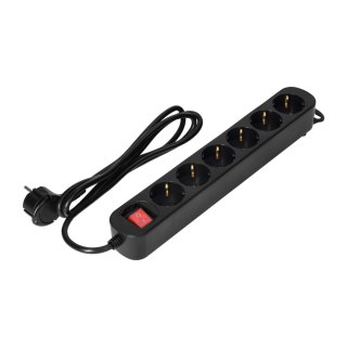 Przedłużacz 6-krotny 2P+Z(Schuko), z wyłącznikiem, 3m H05VV-F 3x1,0mm2, Imax=10A, płaska wtyczka, czarny
