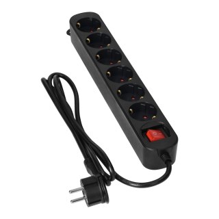 Przedłużacz 6-krotny 2P+Z(Schuko), z wyłącznikiem, 3m H05VV-F 3x1,0mm2, Imax=10A, płaska wtyczka, czarny