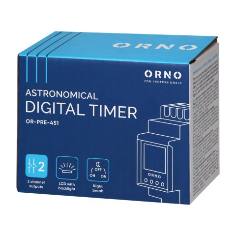 Elektroniczny programator astronomiczny i czasowy, 100 programów, 3 języki menu, 2 wyjścia przekaźnikowe max.16A/230V, szerokość