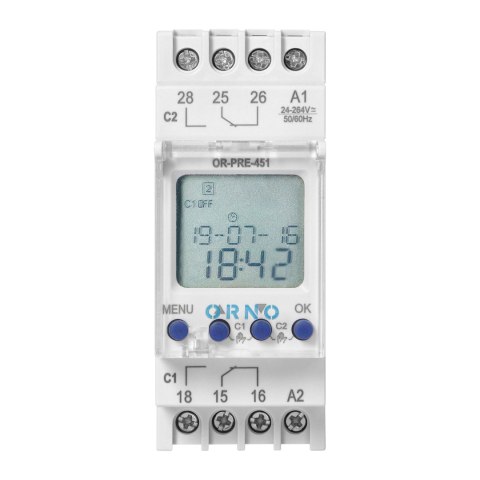 Elektroniczny programator astronomiczny i czasowy, 100 programów, 3 języki menu, 2 wyjścia przekaźnikowe max.16A/230V, szerokość