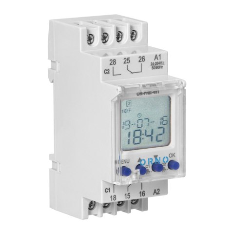 Elektroniczny programator astronomiczny i czasowy, 100 programów, 3 języki menu, 2 wyjścia przekaźnikowe max.16A/230V, szerokość
