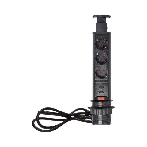 Gniazdo meblowe ?6cm wysuwane z blatu z ładowarką USB, blokadą i przewodem 1,8m, 3x2P+Z (Schuko), czarne