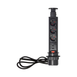 Gniazdo meblowe ?6cm wysuwane z blatu z ładowarką USB, blokadą i przewodem 1,8m, 3x2P+Z (Schuko), czarne