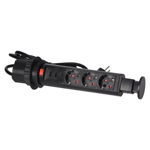 Gniazdo meblowe ?6cm wysuwane z blatu z ładowarką USB, blokadą i przewodem 1,8m, 3x2P+Z (Schuko), czarne