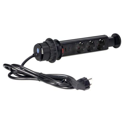 Gniazdo meblowe ?6cm wysuwane z blatu z ładowarką USB, blokadą i przewodem 1,8m, 3x2P+Z (Schuko), czarne