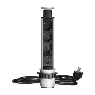 Gniazdo meblowe ?6cm wysuwane z blatu z ładowarką USB, blokadą i przewodem 1,8m, 3x2P+Z (Schuko), srebrne